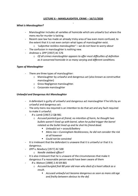 Manslaughter - Criminal Law - LECTURE 6 – MANSLAUGHTER, CRIME – 16/11/ What is Manslaughter ...