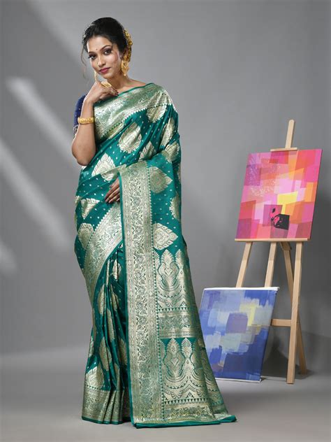 Teal Katan Silk Banarasi Saree With Ethnic Motifs And Zari Woven Desig ...