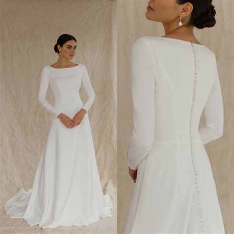 Crepe Wedding Dress With Long Sleeves and High Back Simple - Etsy Canada