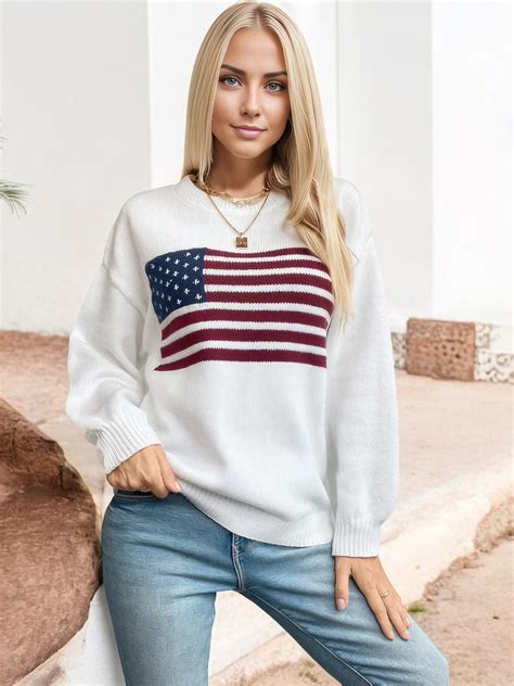Anna-Kaci Women's American Flag Knit Sweater with Crew Neck and Long S