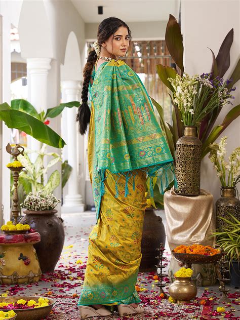Buy Mustrd Yellow Soft Silk Saree With Green Blouse Piece 94151 Online ...