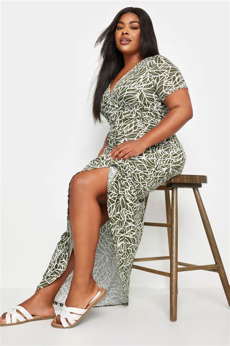YOURS Plus Size Khaki Green Leaf Print Wrap Maxi Dress | Yours Clothing