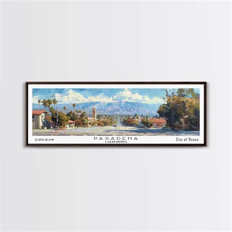 Pasadena California Panoramic Framed Canvas Print, Cityscape Watercolo