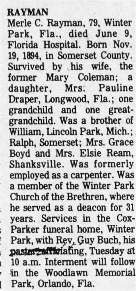 Merle Clinton Rayman obituary-The Daily American, Somerset, PA; Jun 10 ...