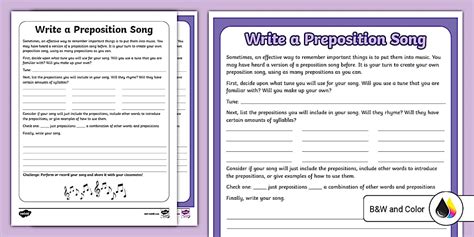 Write a Preposition Song Worksheet for 3rd-5th Grade