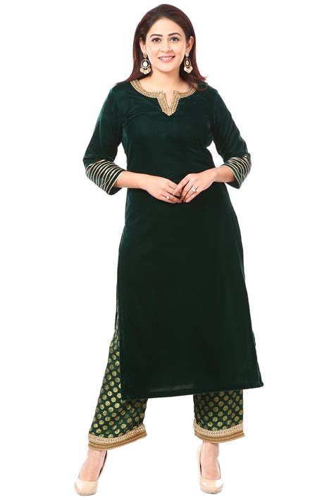Forest Green Velvet Kurti with Straight Palazzo – anokherang