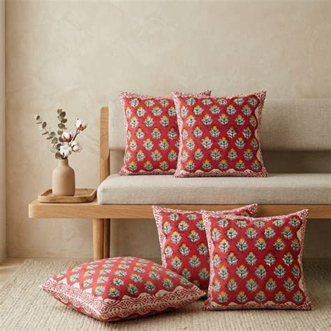 Saahiba Printed Cushion Covers, Pack of 5 – Coral Slub