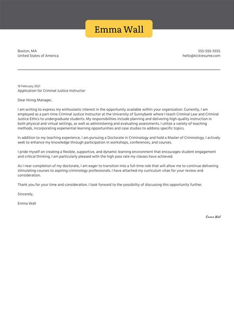 Criminal Justice Instructor Cover Letter Example | Kickresume