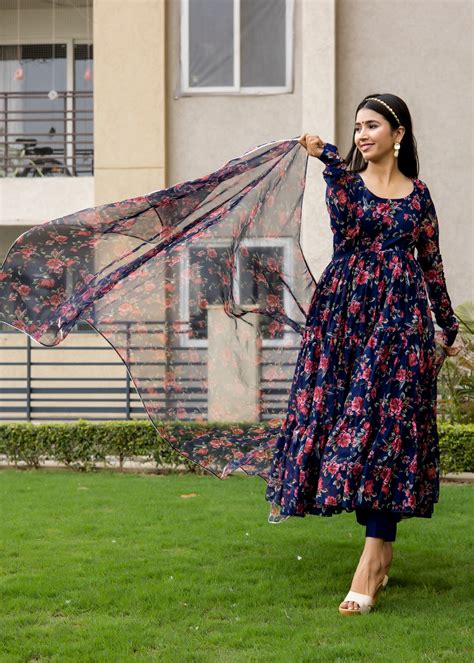 Navy Blue Floral Printed Anarkali – aarita