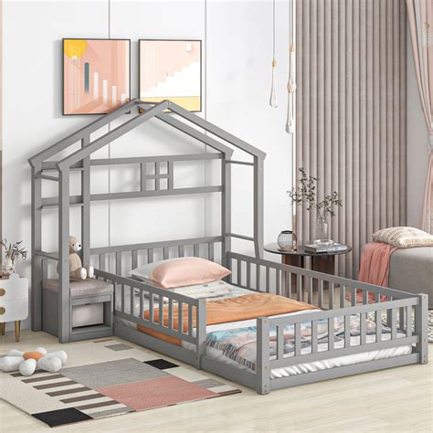 Amazon.com: TRIPLE TREE Twin Floor Bed with House Shaped Headboard ...