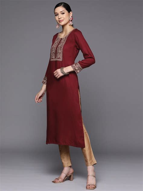 Buy Maroon Yoke Design Wool Straight Kurta Online at $24.00 USD | ShopLibas