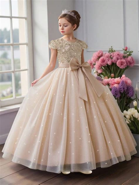 Tween Girls' Embroidered Tulle Bow Decor Princess Pageant Party Dress ...