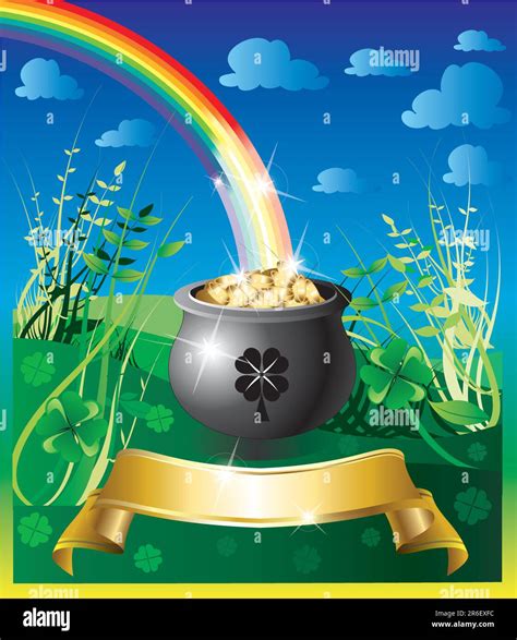 Vector Illustration of pot of gold rainbow with a colorful backgound ...