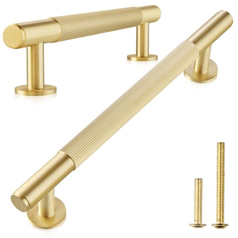 QOGRISUN 5-Pack Solid Brass Cabinet Pulls, Grooved Gold Bar Handles, 6-1/4-Inch Hole Center for ... - where is used brass