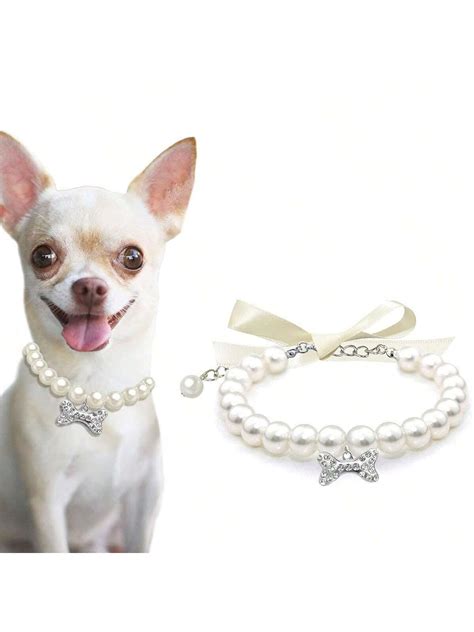 1 piece white dog and cat pearl collar necklace with rhinestone bone ...