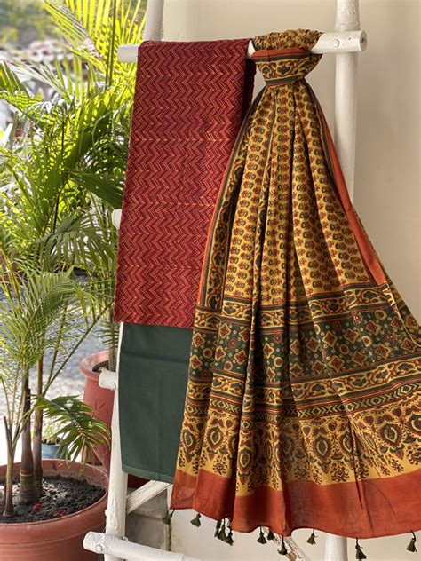MAROON & MUSTARD AJRAKH COTTON BLOCK PRINT DUPATTA SET