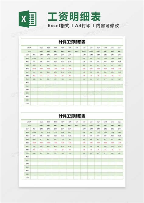 绿色简约计件工资明细表模版Excel模板下载_熊猫办公