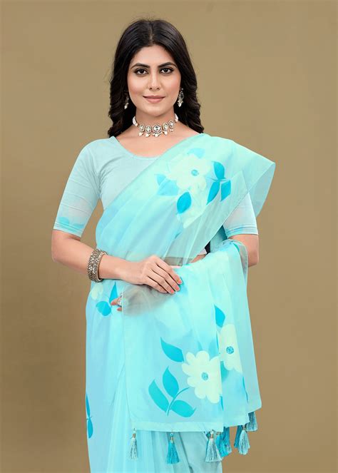 Serene Sky Blue Organza Saree Embellished with Crystal Accents and Del ...
