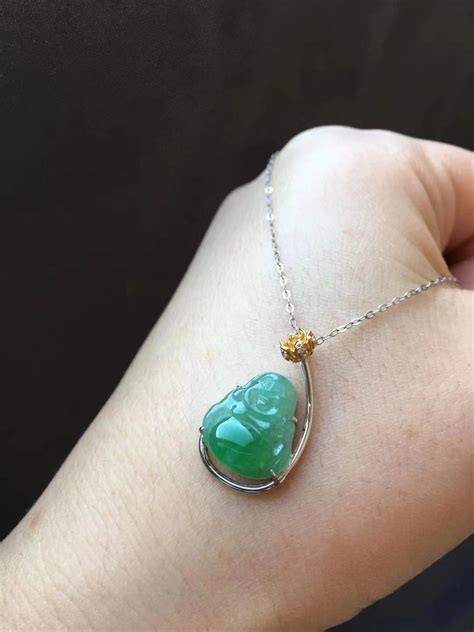 Natural Myanmar Icy Green Jadeite Buddha Pendant 18K Solid White Gold ...