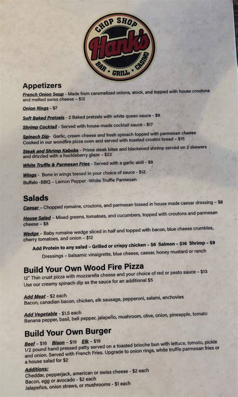 Menu at Hanks Chop Shop pub & bar, West Yellowstone