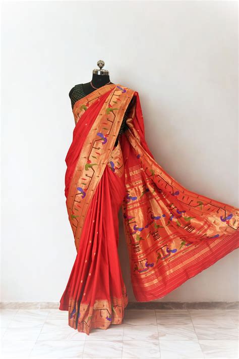 Red parrot and peacock border silk paithani saree – OnlyPaithani