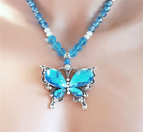 Blue Crystal Butterfly Necklace, Spring Easter Summer Jewelry, Beaded ...