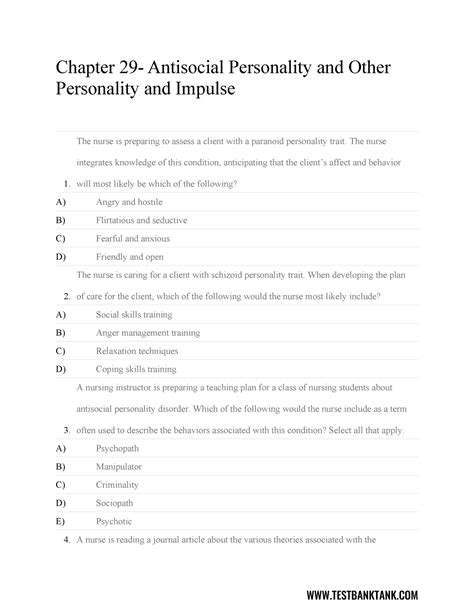 Ch29 Test Bank Tank - ati - Chapter 29- Antisocial Personality and ...