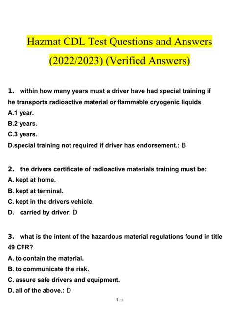 Hazmat CDL Test questions and answers latest [100% correct answers ...