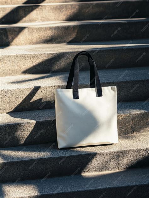 Tote bag mockup template on concrete stairs with sunlit deep shadows ...