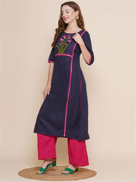 Shop Women Navy Blue & Pink Yoke Embroidered Design Lace work Kurta ...
