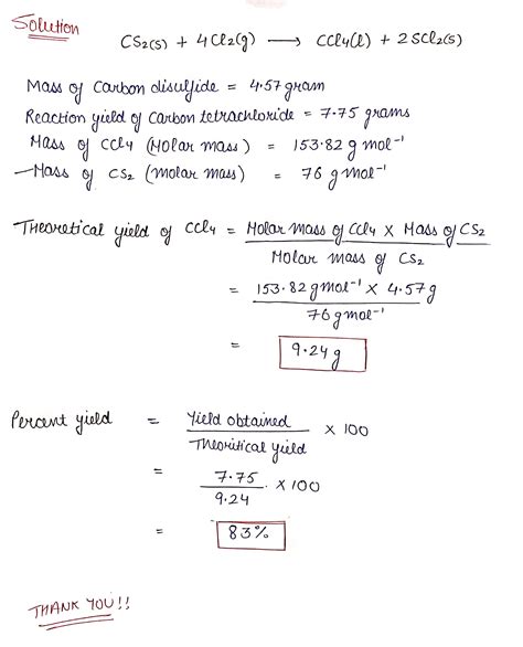 [Solved] For the following reaction, 4.57 grams of carbon disulfide are ...