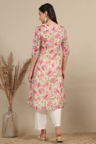 Buy Beige Digital and Foil Floral Printed Sheer A-line Kota Kurta ...