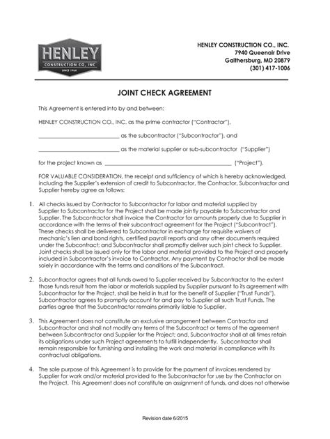 Fillable Online joint check agreement template Fax Email Print - pdfFiller
