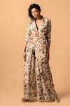 Buy Ivory Organza Print Floral Lapel Collar Asymmetric Jacket With Pant ...