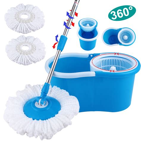 Microfiber 2 Heads 360° Spinning Floor Mop Magic Spin Easy W/Bucket ...