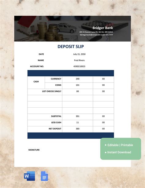 Microsoft Word Horizontal Bank Deposit Slip Template - Free Word Template