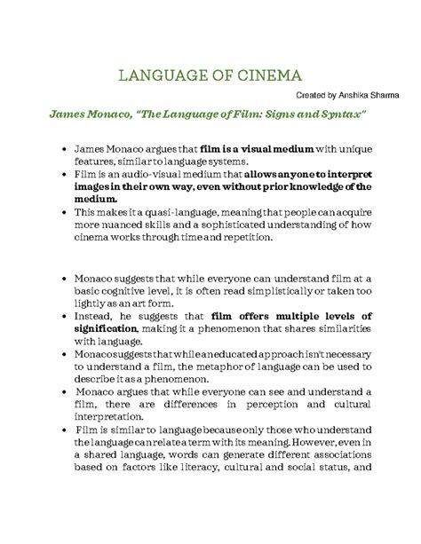 Cinema - LANGUAGE OF CINEMA James Monaco, “The Language of Film: Signs and Syntax” James Monaco ...