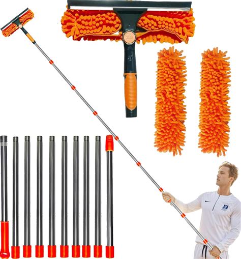 20+ Feet Reach 2 in 1 Window Washing Squeegee & Duster with 3-14 ft ...