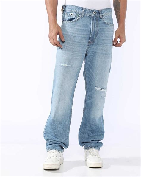 90s Dad Relaxed Fit Mid Rise Mid Distress Heavy Wash Light Blue Jeans