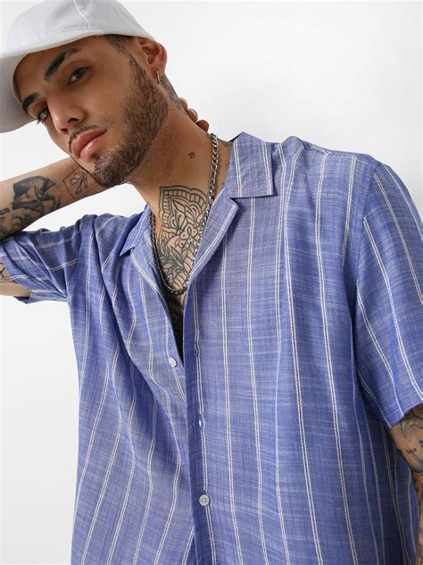 Steel Blue Striped Resort Collar Oversized Shirt – Vastrado