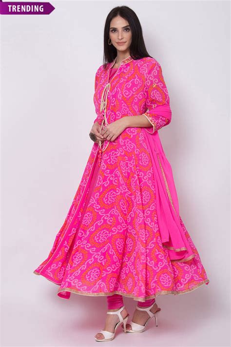 Pink Art Silk Front Open Kurta Churidar Suit Set at Biba India