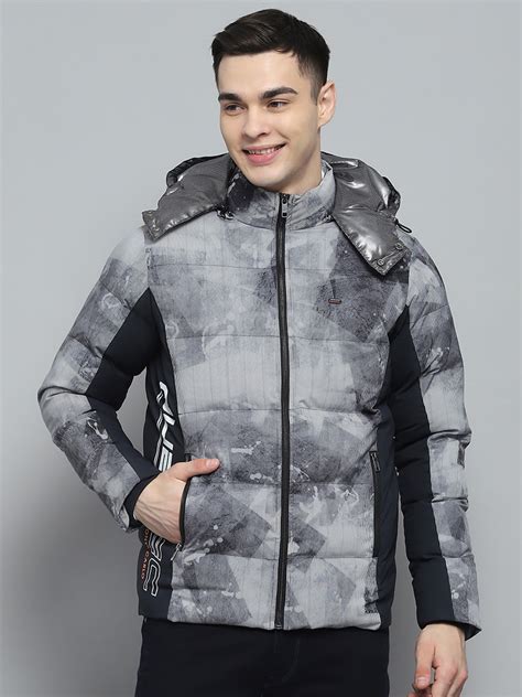 Buy Men Navy Blue Printed Detachable Hood Full Sleeve Jacket Online in ...