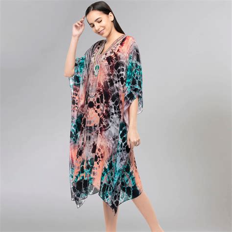 Multicoloured Abstract Print Embellished Mid Length Kaftan – First ...