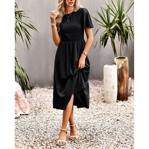 Buy HANMAX Women's Summer Flutter Short Sleeve Smocked Midi Dress ...