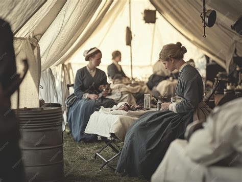 Civil War nurses tending to wounded soldiers in a makeshift field ...