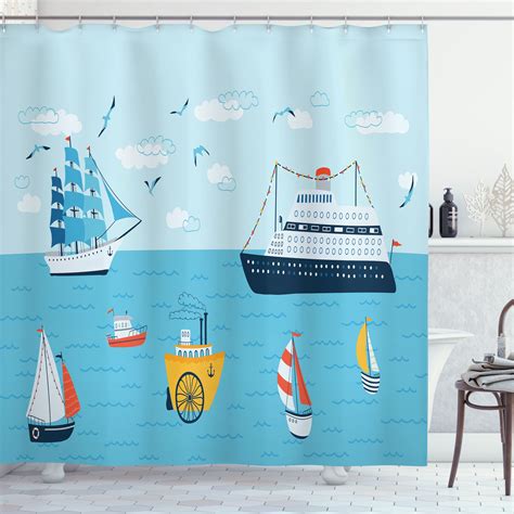 Ambesonne Nautical Shower Curtain, Ships Clouds Boats Art, 69"Wx84"L ...