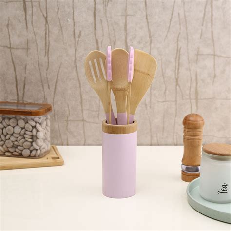 Bamboo Cooking Spoons Set with Holder (Brown & Purple) – Nilkamal Homes