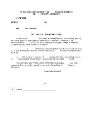 Motion for Change of Venue - Sovereign Immunity Doc Template | pdfFiller