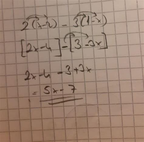 2(x - 2) -3(1 - x) işleminin en sade şekli A) 5x + 7 B) -x -7 C) 5x - 7 ...