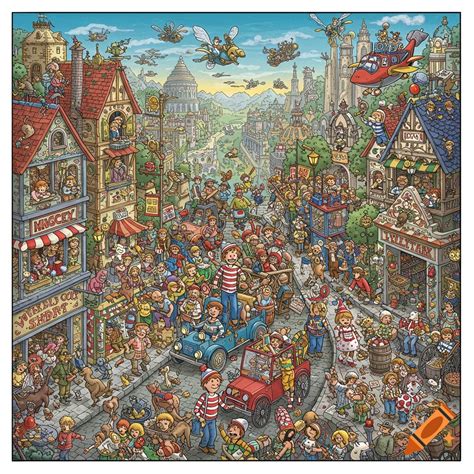 Detailed cartoon illustration of a busy town scene filled with people, buildings, and flying ...